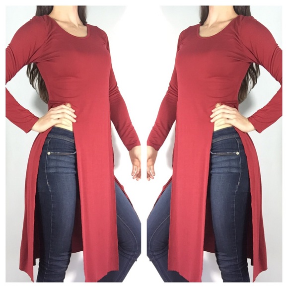 RED LONG SLEEVE HIGH SLIT SHIRT BLOUSE TOP SMALL - Picture 2 of 3